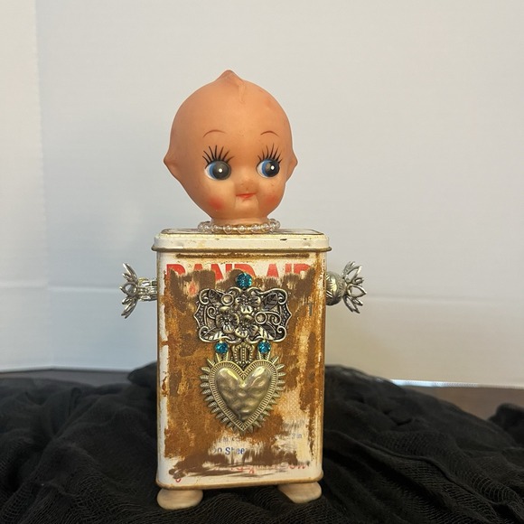 Whimsical Assemblage Art Kewpie Doll Robot Band-Aid Tin Repurposed Eccentric - Picture 1 of 5